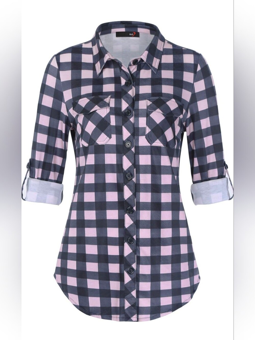 NEW Djt Pink & Navy Plaid V-neck Button-Up Shirt Long Sleeve Roll Up 3/4 Large